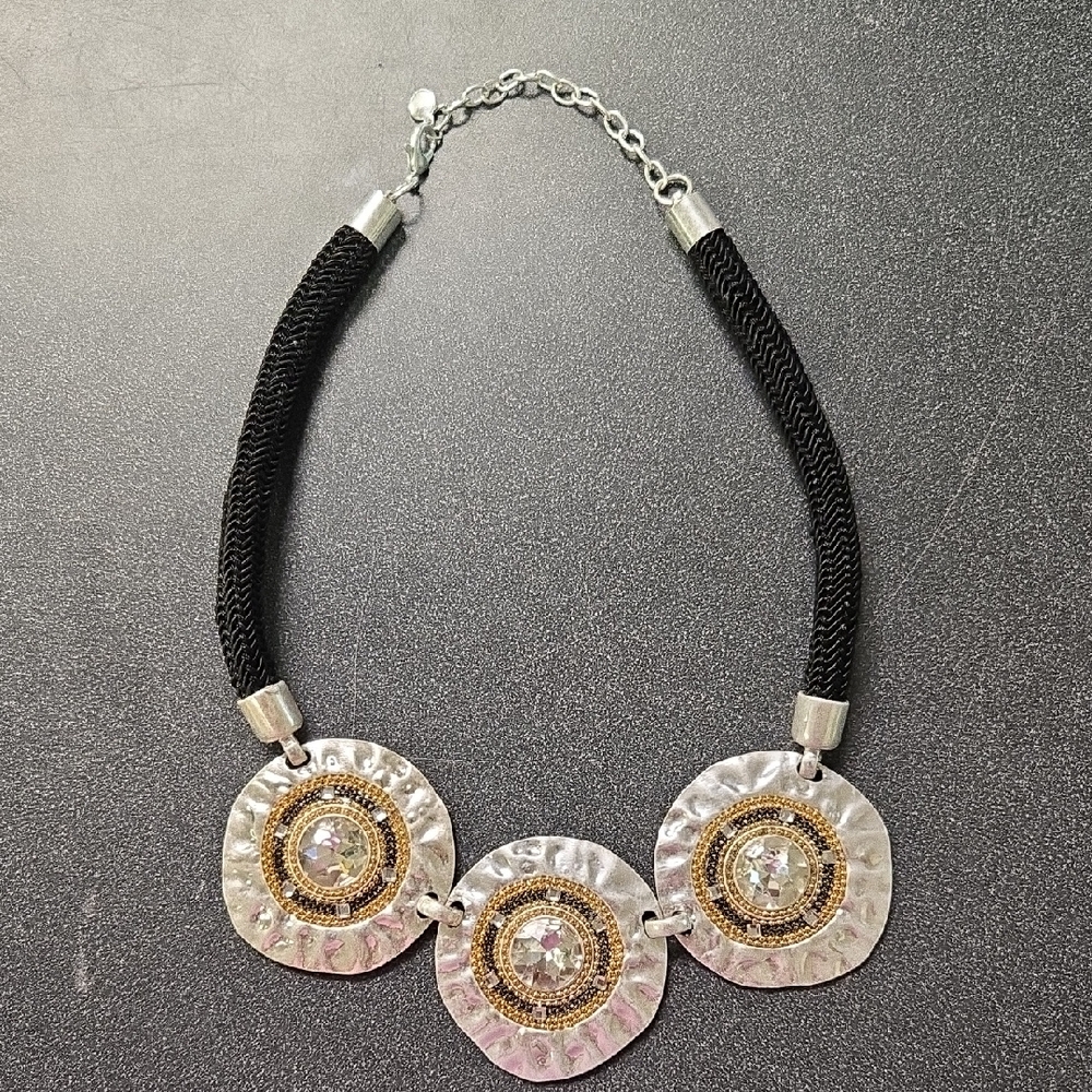 Silver Necklace with Gold Accents And Black Cord